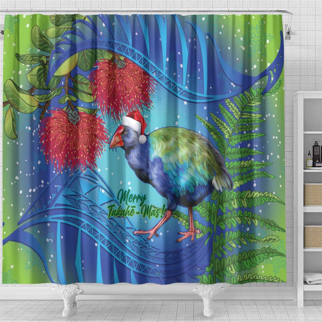 New Zealand Takahe Christmas Shower Curtain Maori Fern Mix Pohotukawa LT14 - Polynesian Pride