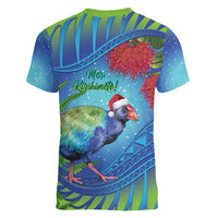 New Zealand Takahe Christmas Women V-Neck T-Shirt Maori Fern Mix Pohotukawa