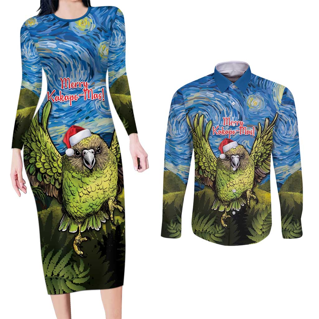 Personalised Jumping Kakapo Christmas Couples Matching Long Sleeve Bodycon Dress and Long Sleeve Button Shirt New Zealand Fern - Starry Night Style LT14 Green - Polynesian Pride