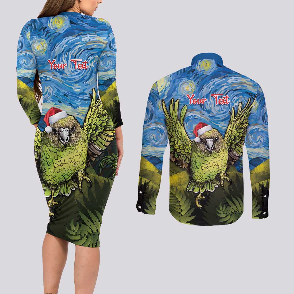 Personalised Jumping Kakapo Christmas Couples Matching Long Sleeve Bodycon Dress and Long Sleeve Button Shirt New Zealand Fern - Starry Night Style LT14 - Polynesian Pride