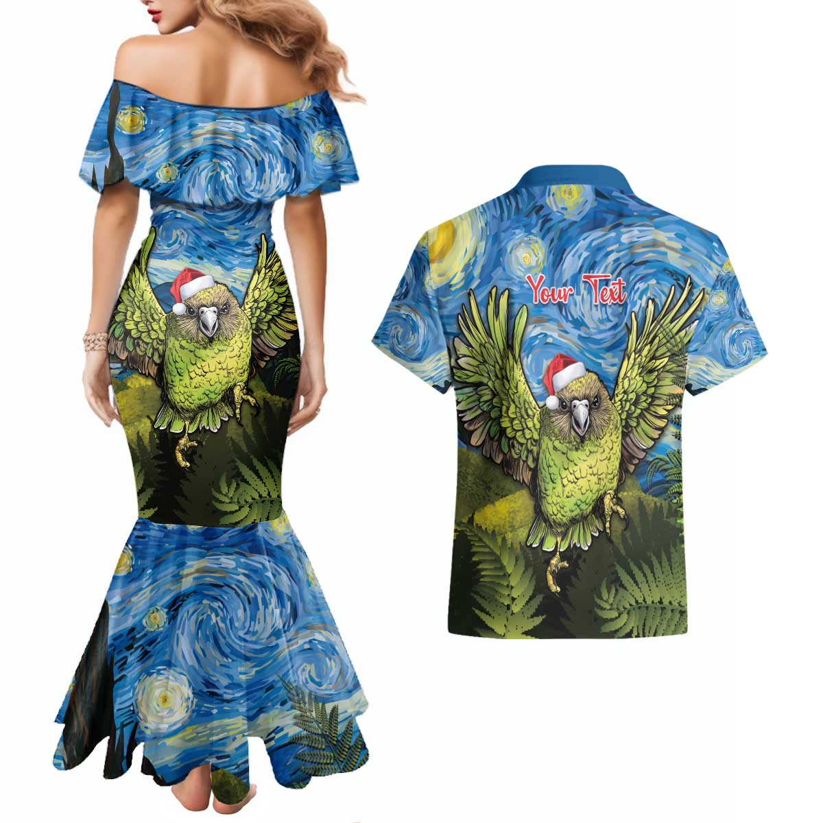Personalised Jumping Kakapo Christmas Couples Matching Mermaid Dress and Hawaiian Shirt New Zealand Fern - Starry Night Style LT14 - Polynesian Pride