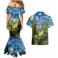 Personalised Jumping Kakapo Christmas Couples Matching Mermaid Dress and Hawaiian Shirt New Zealand Fern - Starry Night Style LT14 - Polynesian Pride