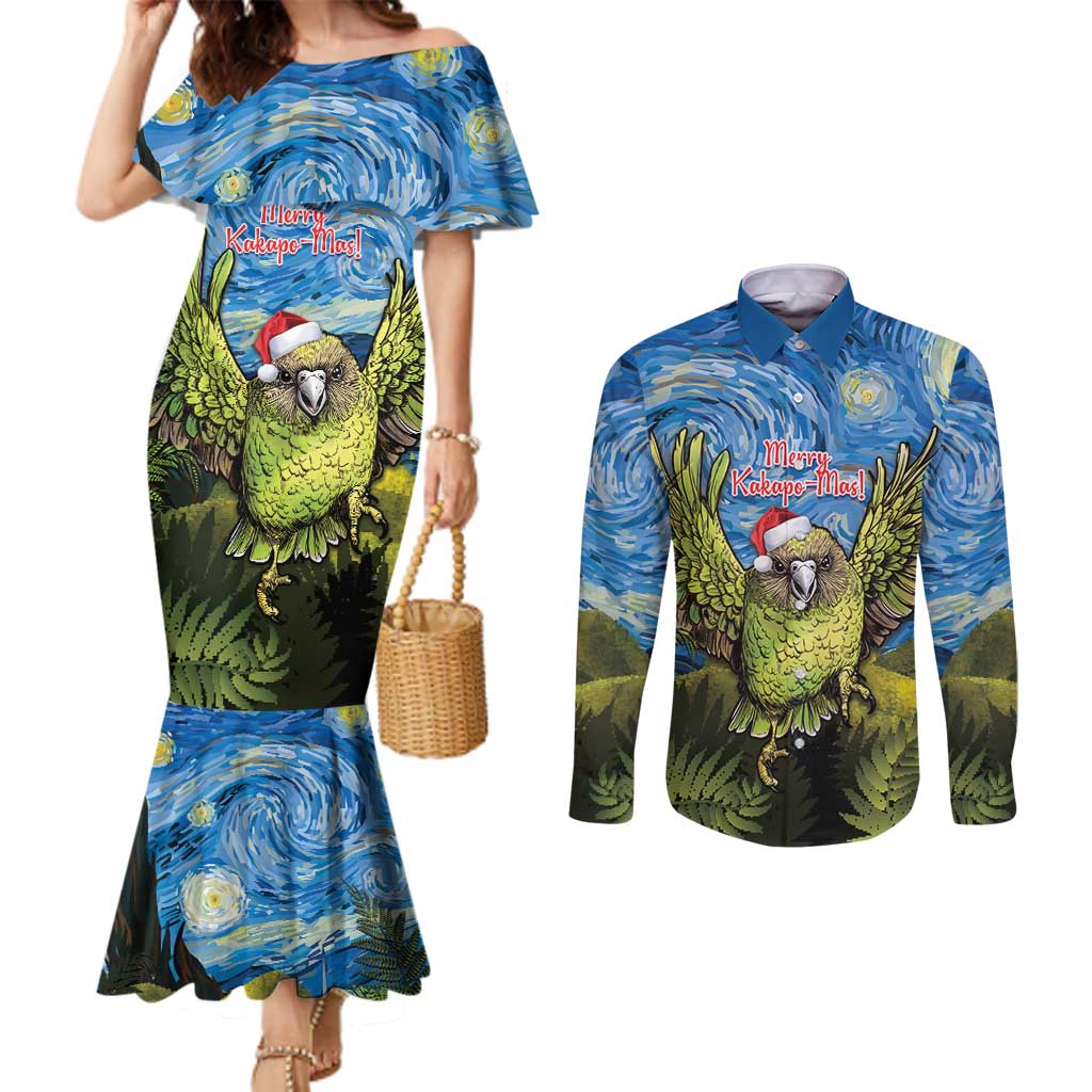 Personalised Jumping Kakapo Christmas Couples Matching Mermaid Dress and Long Sleeve Button Shirt New Zealand Fern - Starry Night Style LT14 Green - Polynesian Pride