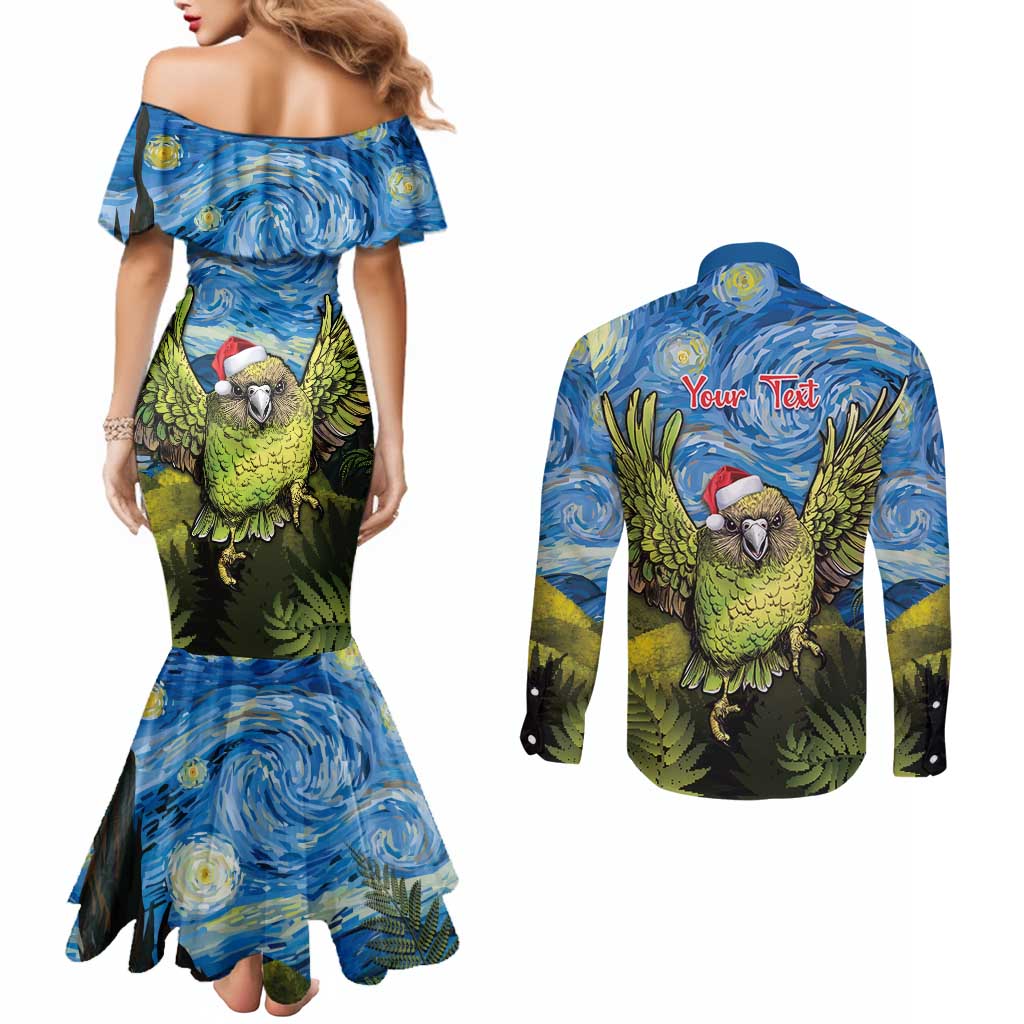 Personalised Jumping Kakapo Christmas Couples Matching Mermaid Dress and Long Sleeve Button Shirt New Zealand Fern - Starry Night Style LT14 - Polynesian Pride