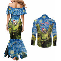 Personalised Jumping Kakapo Christmas Couples Matching Mermaid Dress and Long Sleeve Button Shirt New Zealand Fern - Starry Night Style LT14 - Polynesian Pride