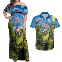 Personalised Jumping Kakapo Christmas Couples Matching Off Shoulder Maxi Dress and Hawaiian Shirt New Zealand Fern - Starry Night Style LT14 Green - Polynesian Pride