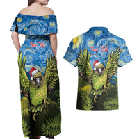 Personalised Jumping Kakapo Christmas Couples Matching Off Shoulder Maxi Dress and Hawaiian Shirt New Zealand Fern - Starry Night Style LT14 - Polynesian Pride
