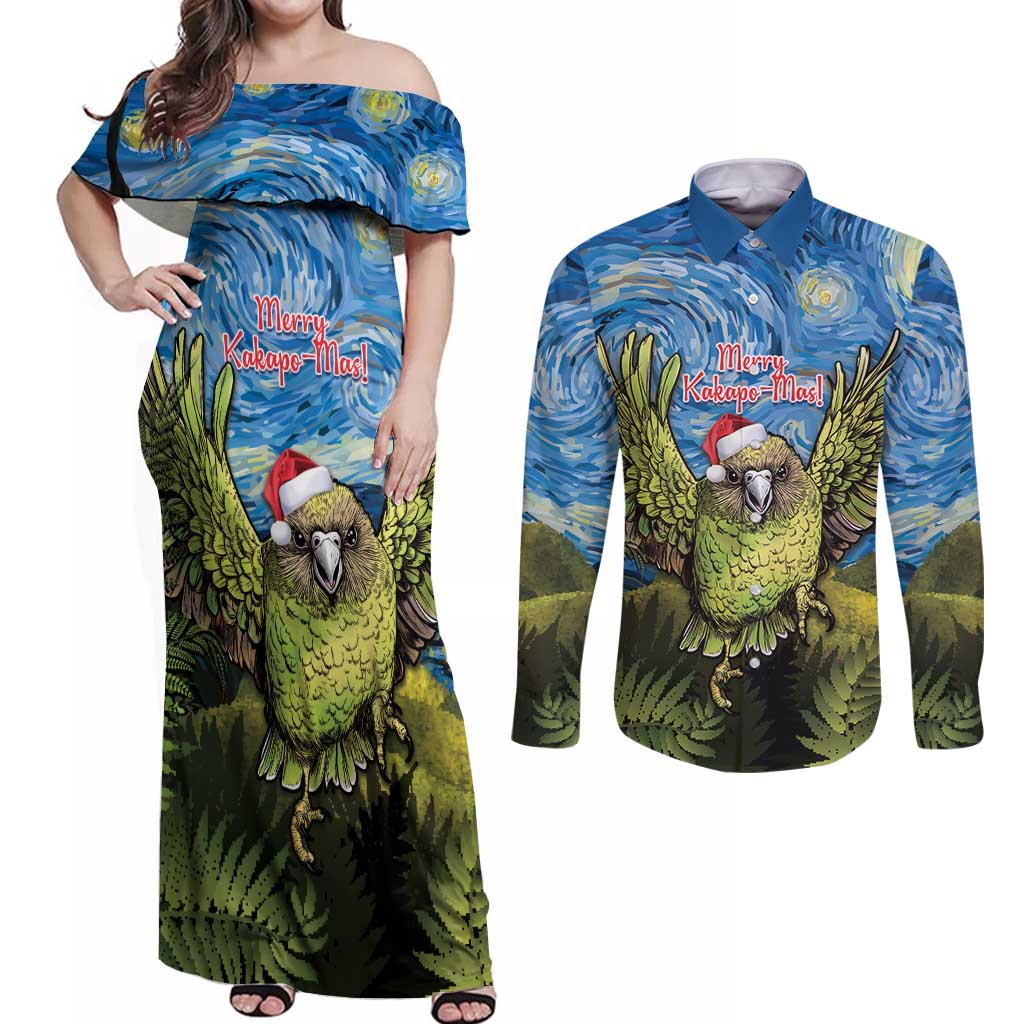 Personalised Jumping Kakapo Christmas Couples Matching Off Shoulder Maxi Dress and Long Sleeve Button Shirt New Zealand Fern - Starry Night Style LT14 Green - Polynesian Pride