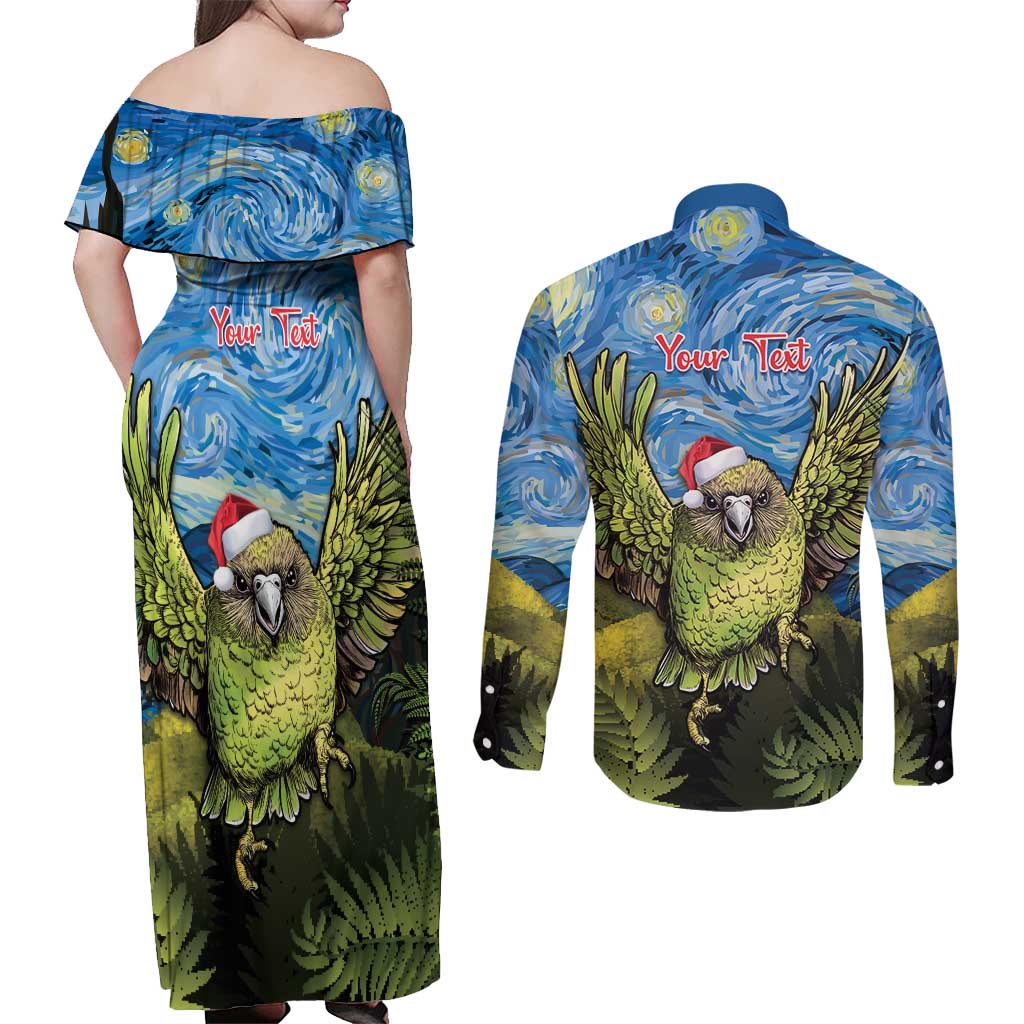 Personalised Jumping Kakapo Christmas Couples Matching Off Shoulder Maxi Dress and Long Sleeve Button Shirt New Zealand Fern - Starry Night Style LT14 - Polynesian Pride