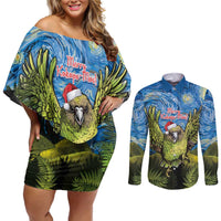 Personalised Jumping Kakapo Christmas Couples Matching Off Shoulder Short Dress and Long Sleeve Button Shirt New Zealand Fern - Starry Night Style LT14 Green - Polynesian Pride