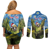 Personalised Jumping Kakapo Christmas Couples Matching Off Shoulder Short Dress and Long Sleeve Button Shirt New Zealand Fern - Starry Night Style LT14 - Polynesian Pride
