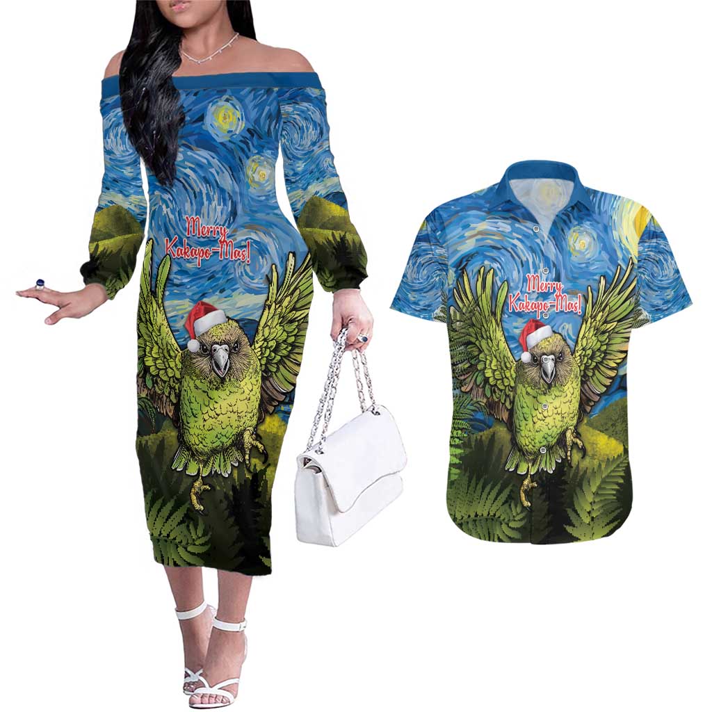 Personalised Jumping Kakapo Christmas Couples Matching Off The Shoulder Long Sleeve Dress and Hawaiian Shirt New Zealand Fern - Starry Night Style LT14 Green - Polynesian Pride