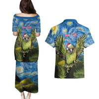 Personalised Jumping Kakapo Christmas Couples Matching Puletasi and Hawaiian Shirt New Zealand Fern - Starry Night Style LT14 - Polynesian Pride