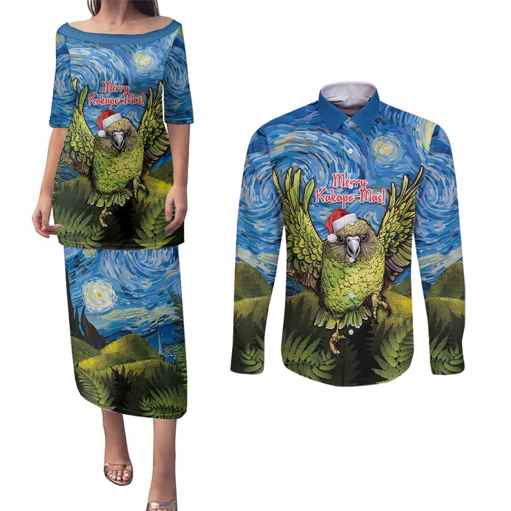 Personalised Jumping Kakapo Christmas Couples Matching Puletasi and Long Sleeve Button Shirt New Zealand Fern - Starry Night Style LT14 Green - Polynesian Pride