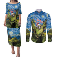 Personalised Jumping Kakapo Christmas Couples Matching Puletasi and Long Sleeve Button Shirt New Zealand Fern - Starry Night Style LT14 Green - Polynesian Pride