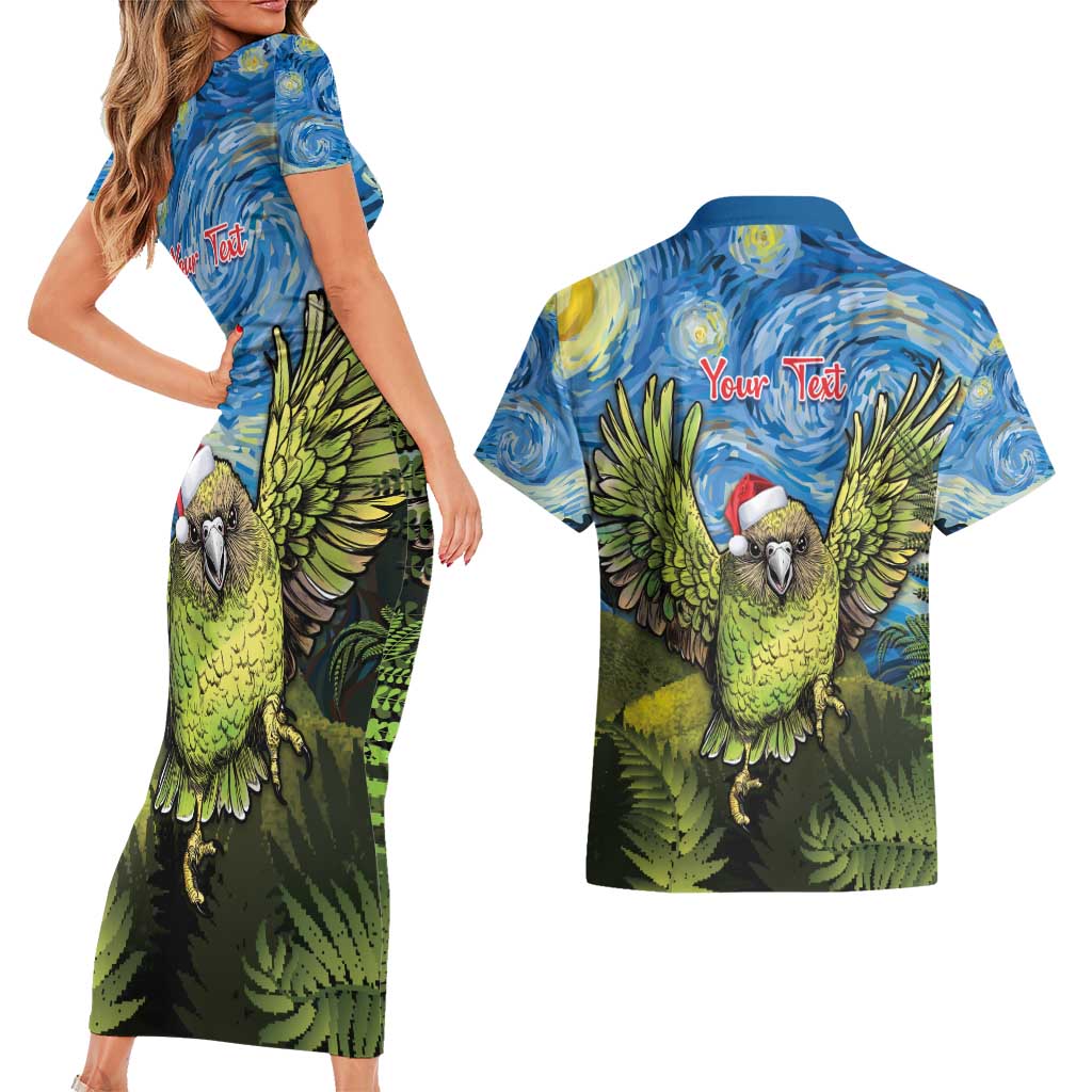 Personalised Jumping Kakapo Christmas Couples Matching Short Sleeve Bodycon Dress and Hawaiian Shirt New Zealand Fern - Starry Night Style LT14 - Polynesian Pride