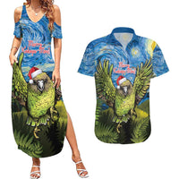 Personalised Jumping Kakapo Christmas Couples Matching Summer Maxi Dress and Hawaiian Shirt New Zealand Fern - Starry Night Style LT14 Green - Polynesian Pride