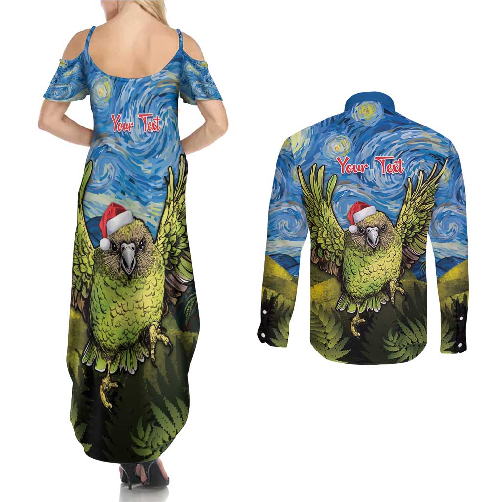 Personalised Jumping Kakapo Christmas Couples Matching Summer Maxi Dress and Long Sleeve Button Shirt New Zealand Fern - Starry Night Style LT14 - Polynesian Pride