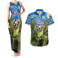 Personalised Jumping Kakapo Christmas Couples Matching Tank Maxi Dress and Hawaiian Shirt New Zealand Fern - Starry Night Style LT14 Green - Polynesian Pride