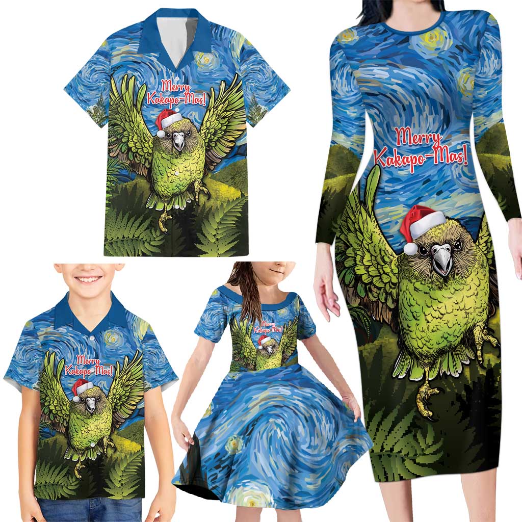 Personalised Jumping Kakapo Christmas Family Matching Long Sleeve Bodycon Dress and Hawaiian Shirt New Zealand Fern - Starry Night Style LT14 - Polynesian Pride