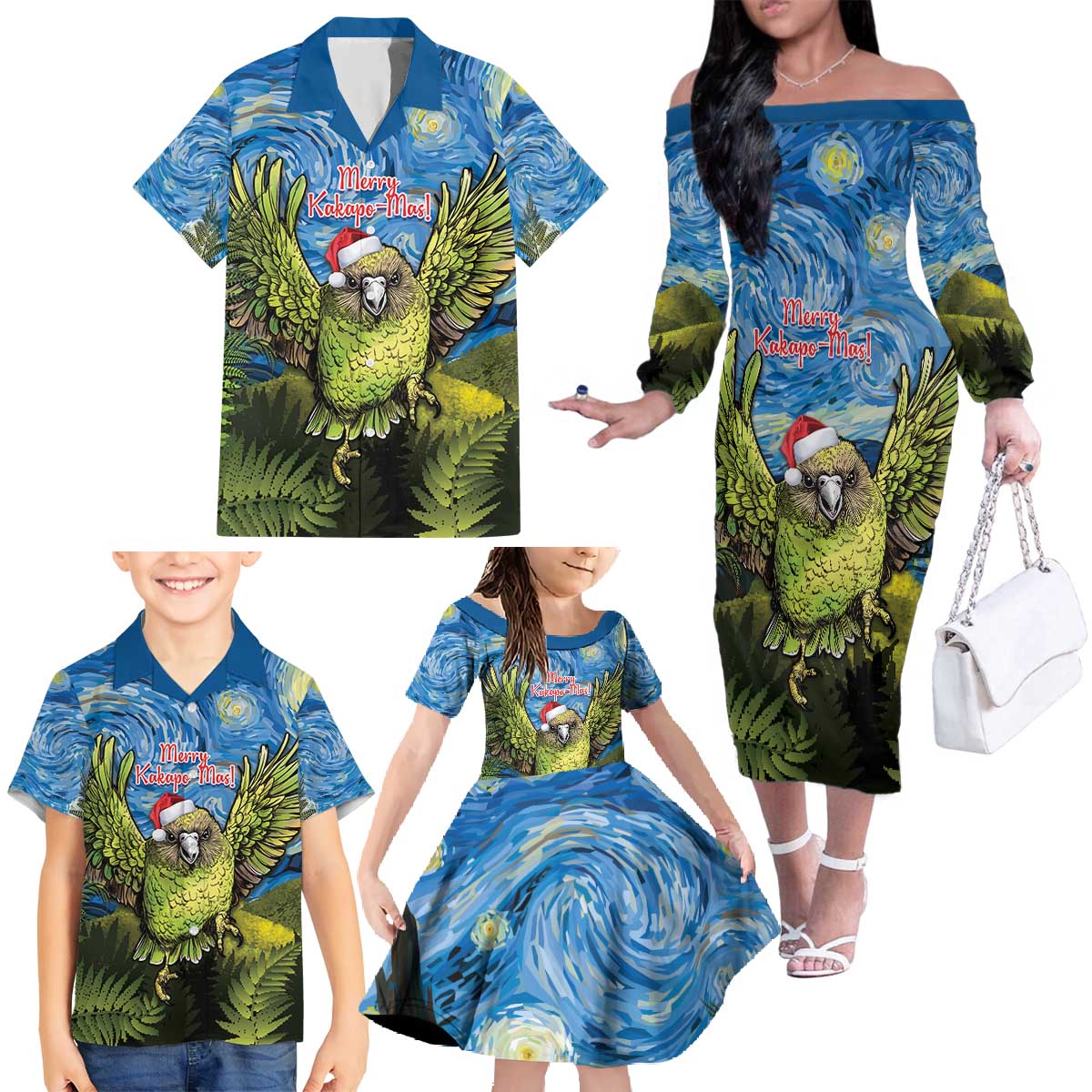 Personalised Jumping Kakapo Christmas Family Matching Off The Shoulder Long Sleeve Dress and Hawaiian Shirt New Zealand Fern - Starry Night Style LT14 - Polynesian Pride