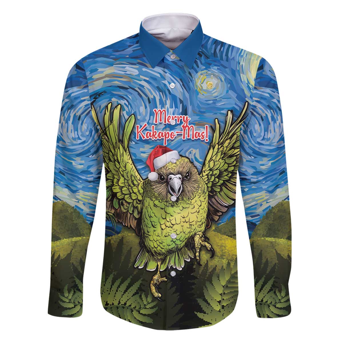 Personalised Jumping Kakapo Christmas Family Matching Off The Shoulder Long Sleeve Dress and Hawaiian Shirt New Zealand Fern - Starry Night Style LT14 Dad's Shirt - Long Sleeve Green - Polynesian Pride