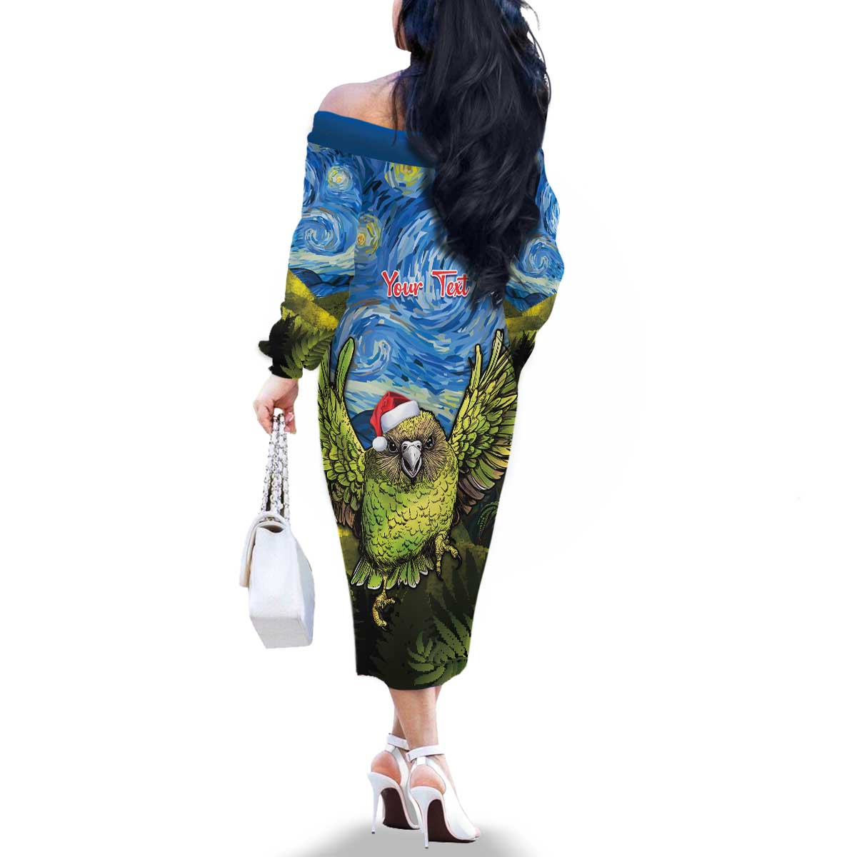 Personalised Jumping Kakapo Christmas Family Matching Off The Shoulder Long Sleeve Dress and Hawaiian Shirt New Zealand Fern - Starry Night Style LT14 - Polynesian Pride