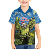 Personalised Jumping Kakapo Christmas Family Matching Off The Shoulder Long Sleeve Dress and Hawaiian Shirt New Zealand Fern - Starry Night Style LT14 Son's Shirt Green - Polynesian Pride