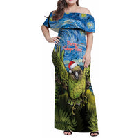 Personalised Jumping Kakapo Christmas Family Matching Off Shoulder Maxi Dress and Hawaiian Shirt New Zealand Fern - Starry Night Style LT14 Mom's Dress Green - Polynesian Pride