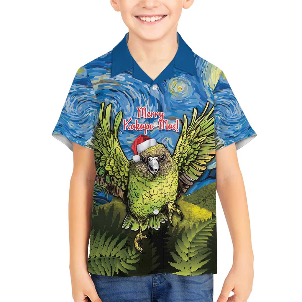 Personalised Jumping Kakapo Christmas Family Matching Off Shoulder Maxi Dress and Hawaiian Shirt New Zealand Fern - Starry Night Style LT14 Son's Shirt Green - Polynesian Pride