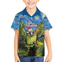 Personalised Jumping Kakapo Christmas Family Matching Puletasi and Hawaiian Shirt New Zealand Fern - Starry Night Style LT14 Son's Shirt Green - Polynesian Pride