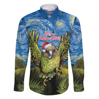 Personalised Jumping Kakapo Christmas Family Matching Tank Maxi Dress and Hawaiian Shirt New Zealand Fern - Starry Night Style LT14 Dad's Shirt - Long Sleeve Green - Polynesian Pride