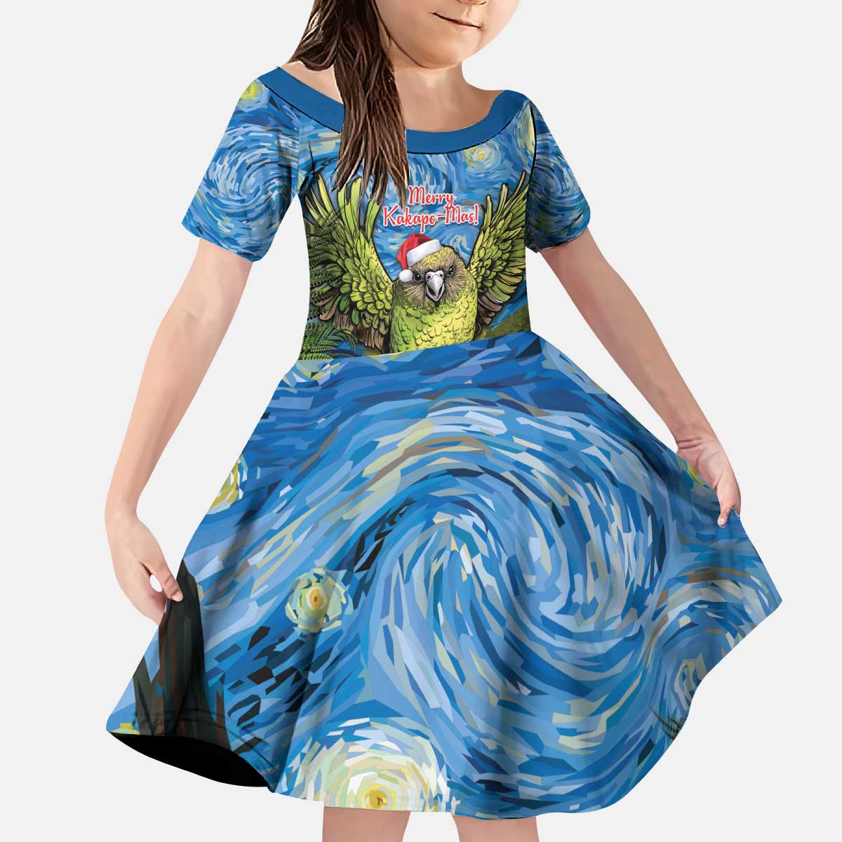 Personalised Jumping Kakapo Christmas Kid Short Sleeve Dress New Zealand Fern - Starry Night Style LT14 KID Green - Polynesian Pride