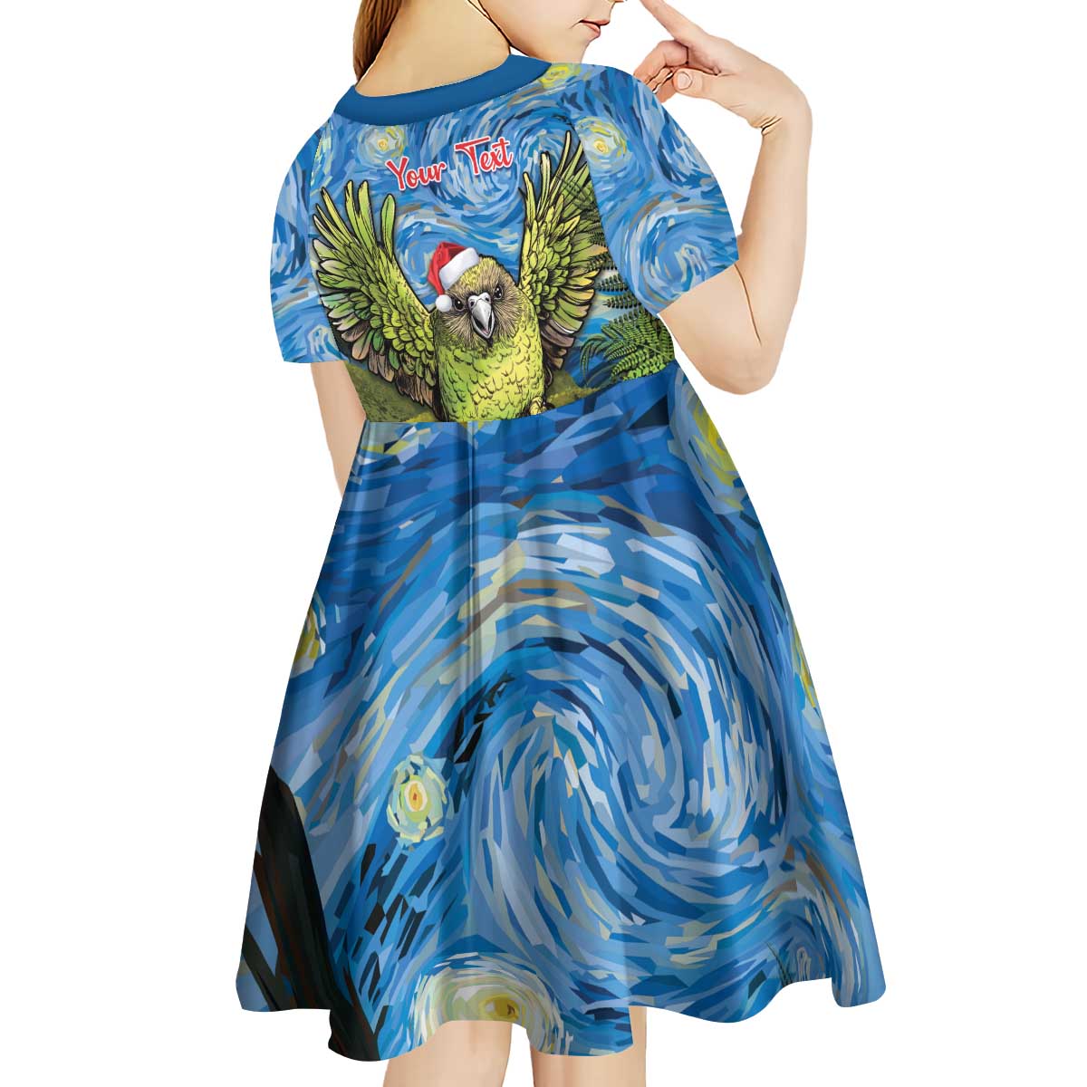 Personalised Jumping Kakapo Christmas Kid Short Sleeve Dress New Zealand Fern - Starry Night Style LT14 - Polynesian Pride