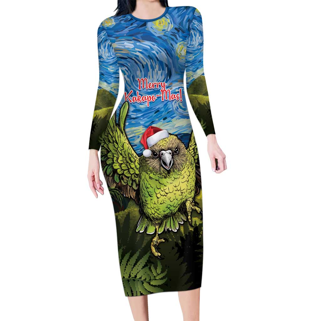 Personalised Jumping Kakapo Christmas Long Sleeve Bodycon Dress New Zealand Fern - Starry Night Style LT14 Long Dress Green - Polynesian Pride