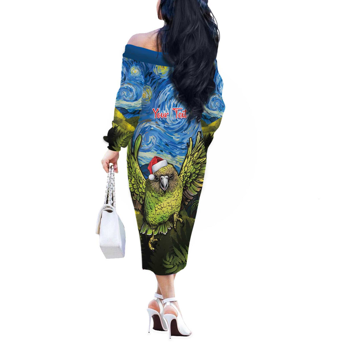 Personalised Jumping Kakapo Christmas Off The Shoulder Long Sleeve Dress New Zealand Fern - Starry Night Style LT14 - Polynesian Pride