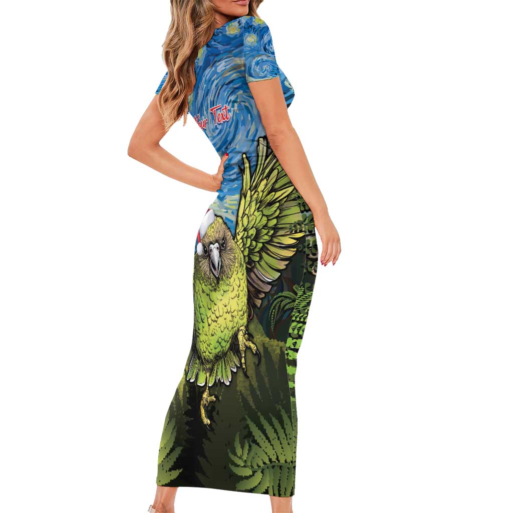 Personalised Jumping Kakapo Christmas Short Sleeve Bodycon Dress New Zealand Fern - Starry Night Style LT14 - Polynesian Pride