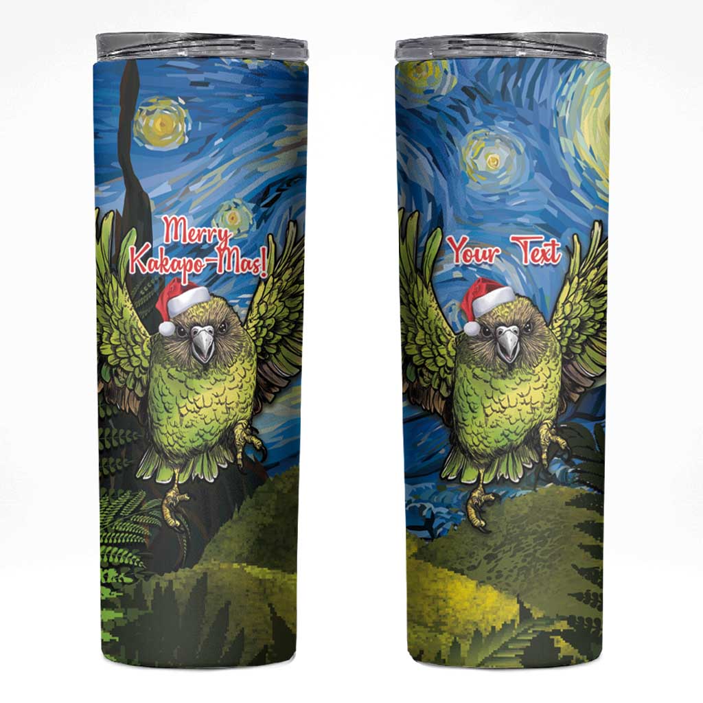 Personalised Jumping Kakapo Christmas Skinny Tumbler New Zealand Fern - Starry Night Style LT14 Green - Polynesian Pride
