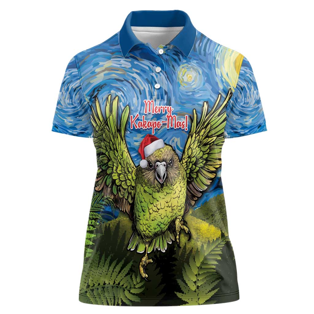 Personalised Jumping Kakapo Christmas Women Polo Shirt New Zealand Fern - Starry Night Style LT14 Female Green - Polynesian Pride
