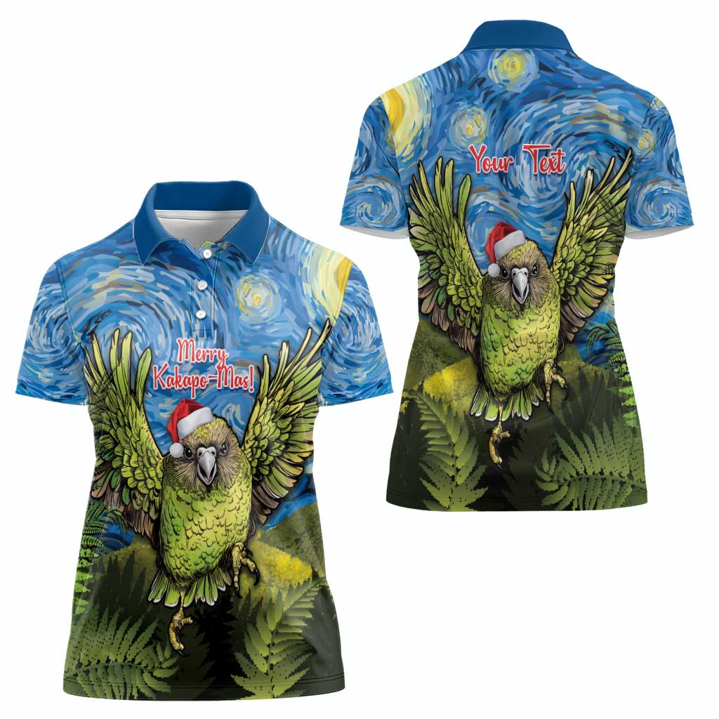 Personalised Jumping Kakapo Christmas Women Polo Shirt New Zealand Fern - Starry Night Style LT14 - Polynesian Pride