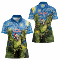 Personalised Jumping Kakapo Christmas Women Polo Shirt New Zealand Fern - Starry Night Style LT14 - Polynesian Pride