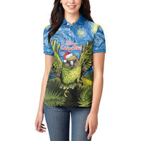 Personalised Jumping Kakapo Christmas Women Polo Shirt New Zealand Fern - Starry Night Style LT14 - Polynesian Pride