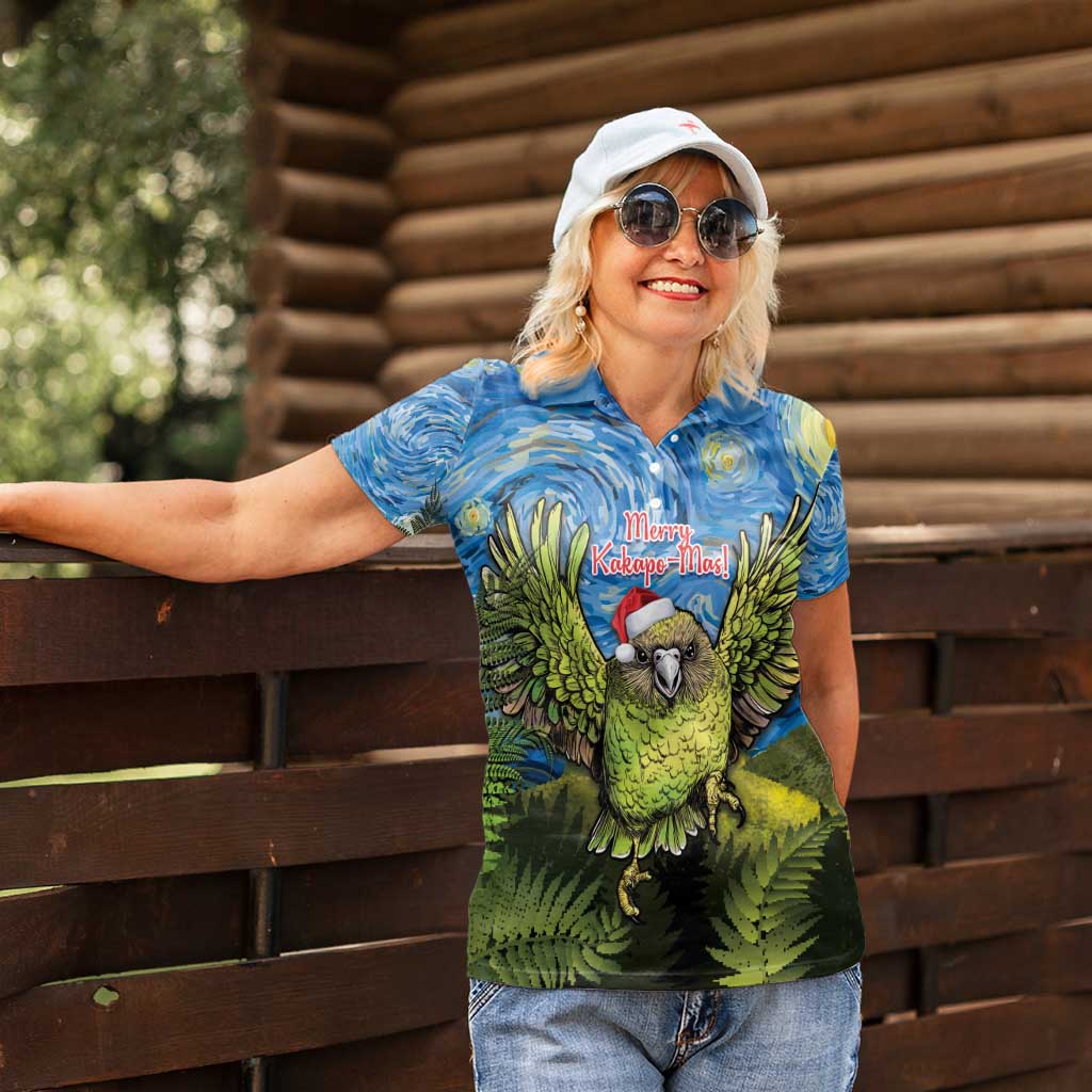 Personalised Jumping Kakapo Christmas Women Polo Shirt New Zealand Fern - Starry Night Style LT14 - Polynesian Pride