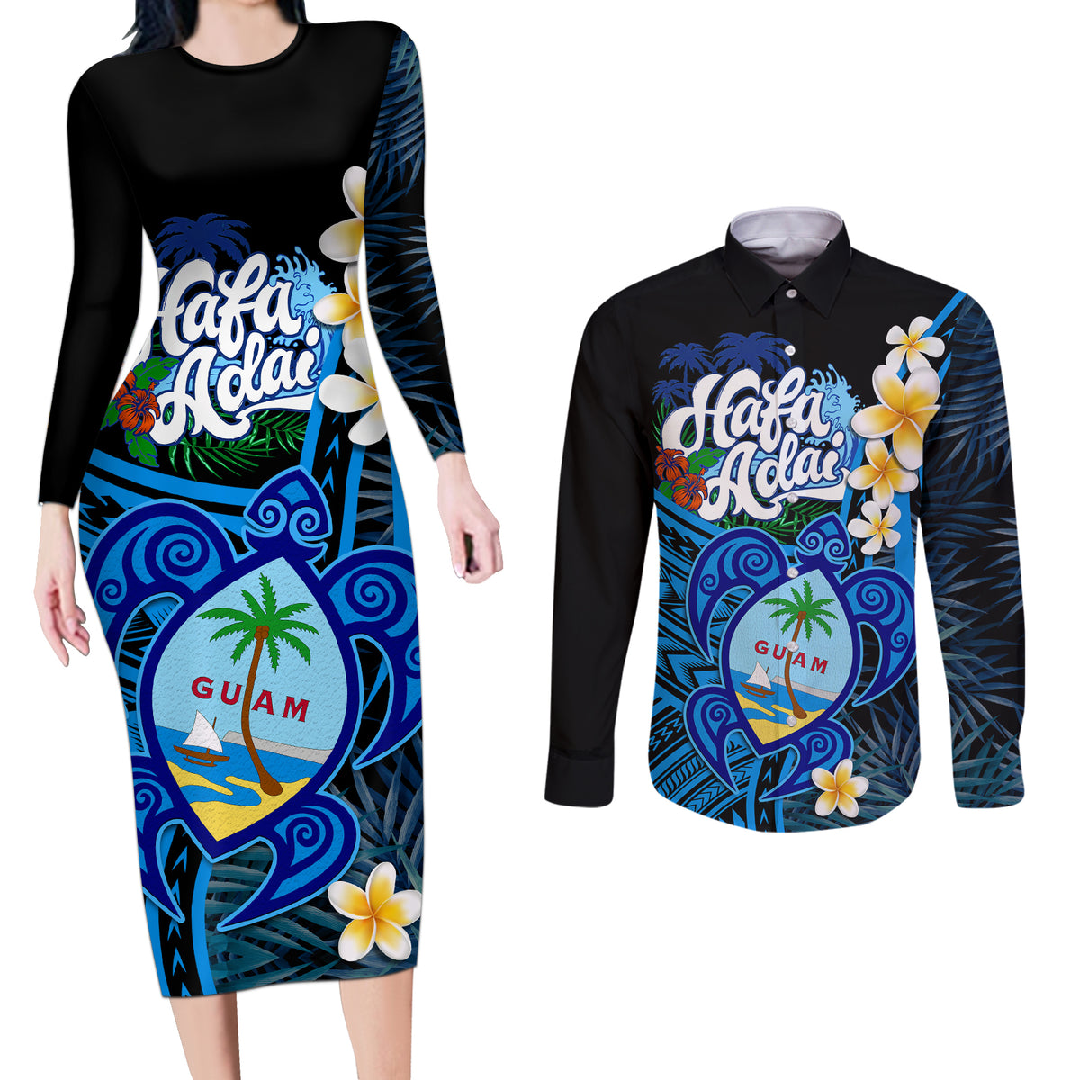 Hafa Adai Guam Couples Matching Long Sleeve Bodycon Dress and Long Sleeve Button Shirt Guahan Sea Turtle Tropical Style LT14 Blue - Polynesian Pride