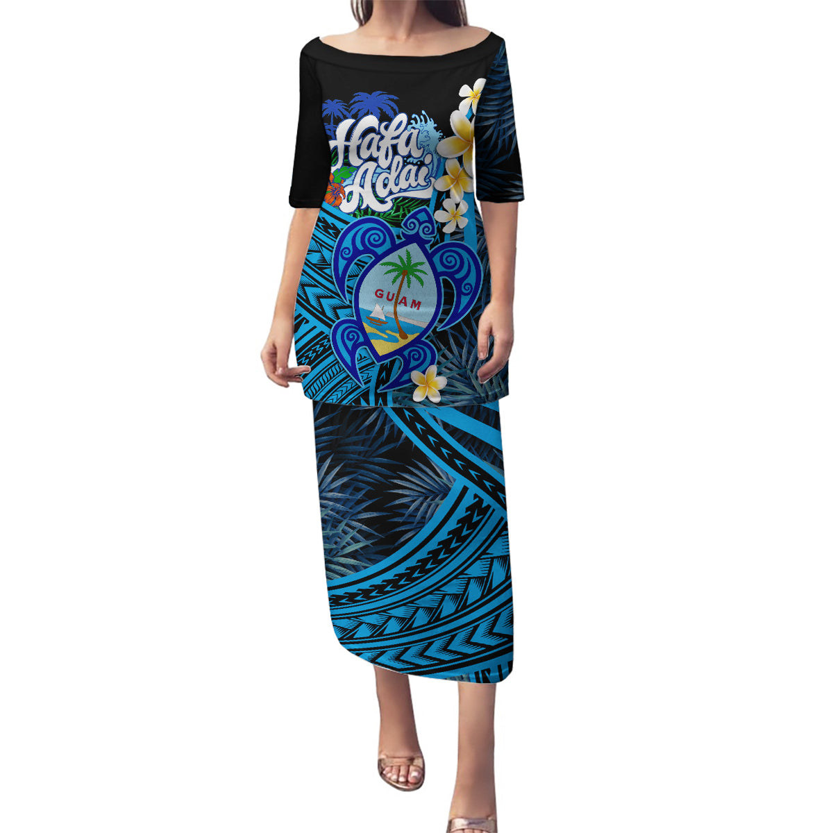 Hafa Adai Guam Family Matching Puletasi Dress and Hawaiian Shirt Guahan Sea Turtle Tropical Style LT14 Mom's Dress Blue - Polynesian Pride