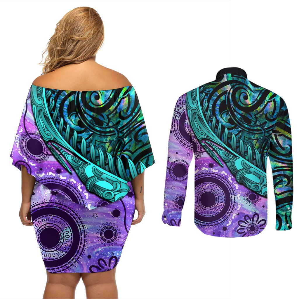 New Zealand Paua Shell With Australia Opal Unique Combine Couples Matching Off Shoulder Short Dress and Long Sleeve Button Shirt LT14 - Polynesian Pride