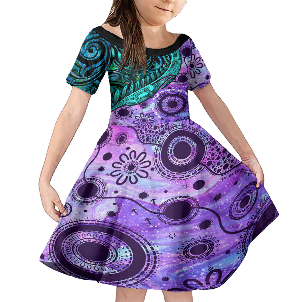 New Zealand Paua Shell With Australia Opal Unique Combine Family Matching Tank Maxi Dress and Hawaiian Shirt LT14 Daughter's Dress Green - Polynesian Pride