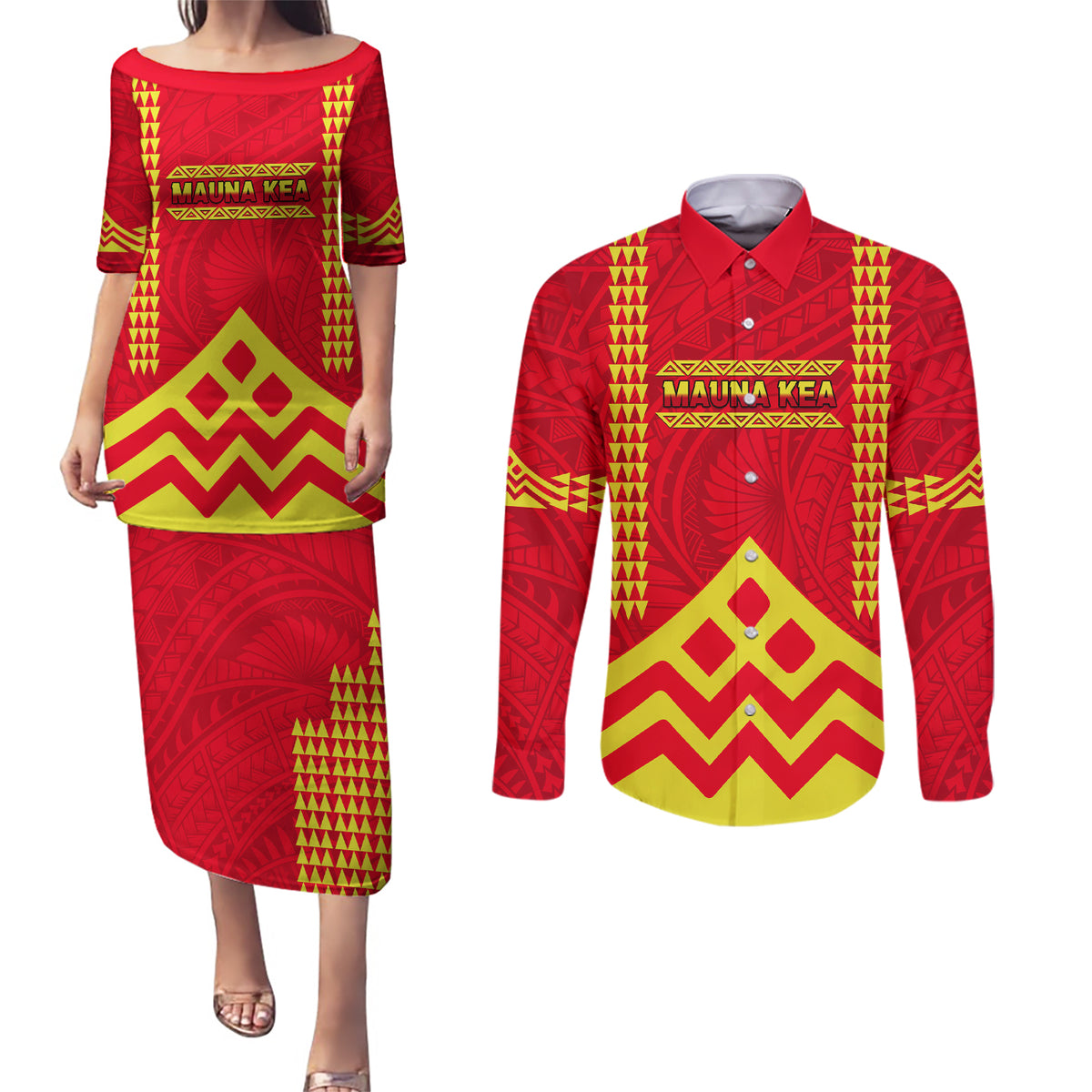 Hawaii Mauna Kea Couples Matching Puletasi and Long Sleeve Button Shirt Hawaiian Kakau Tribal Pattern LT14 Red - Polynesian Pride