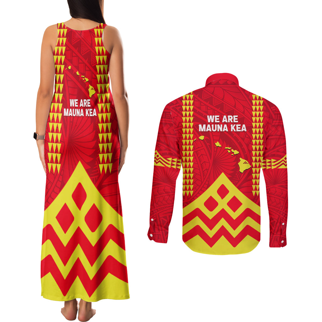 Hawaii Mauna Kea Couples Matching Tank Maxi Dress and Long Sleeve Button Shirt Hawaiian Kakau Tribal Pattern LT14 - Polynesian Pride