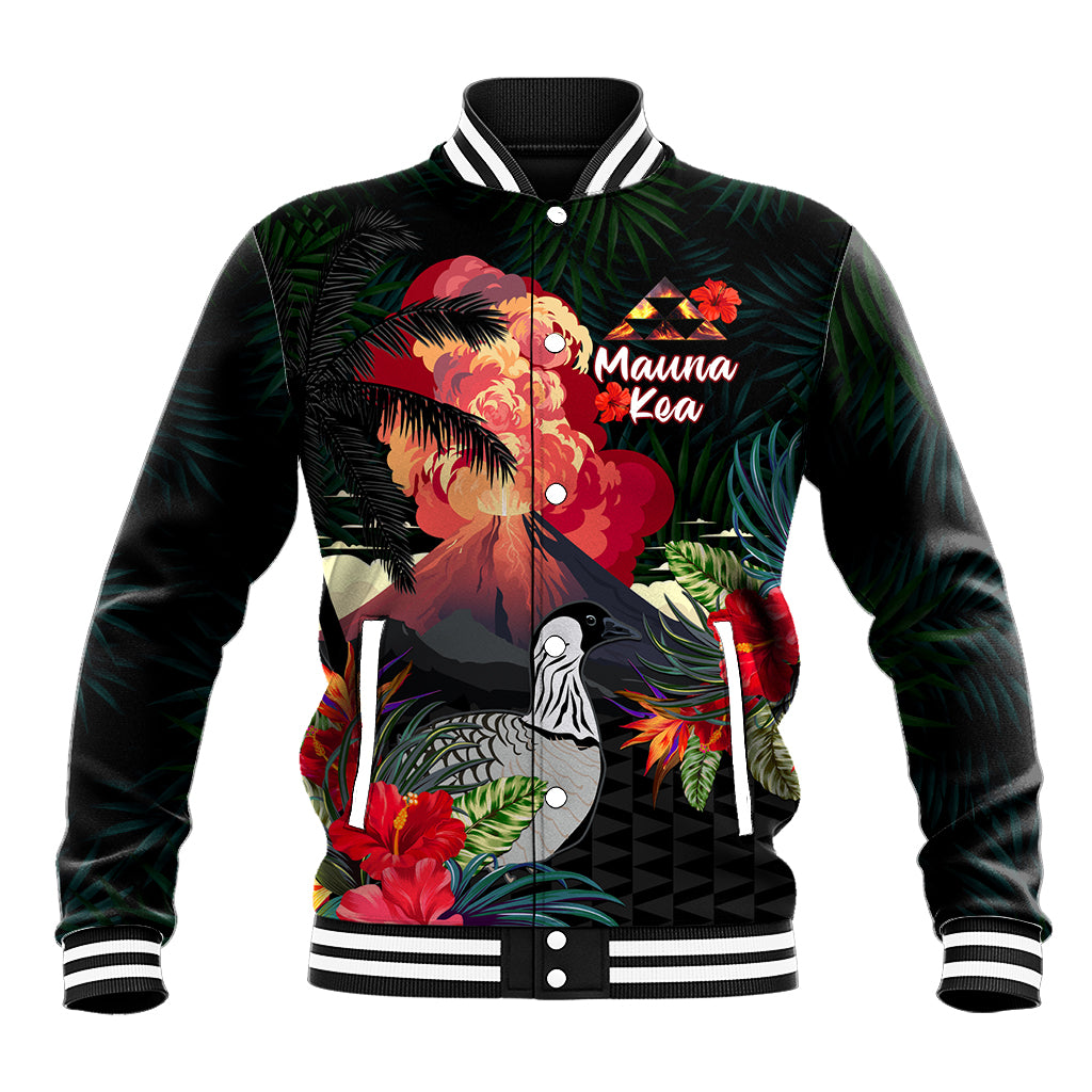 Hawaii Mauna Kea Baseball Jacket White Mountain With Nene Tropical Vibes LT14 Unisex Black - Polynesian Pride